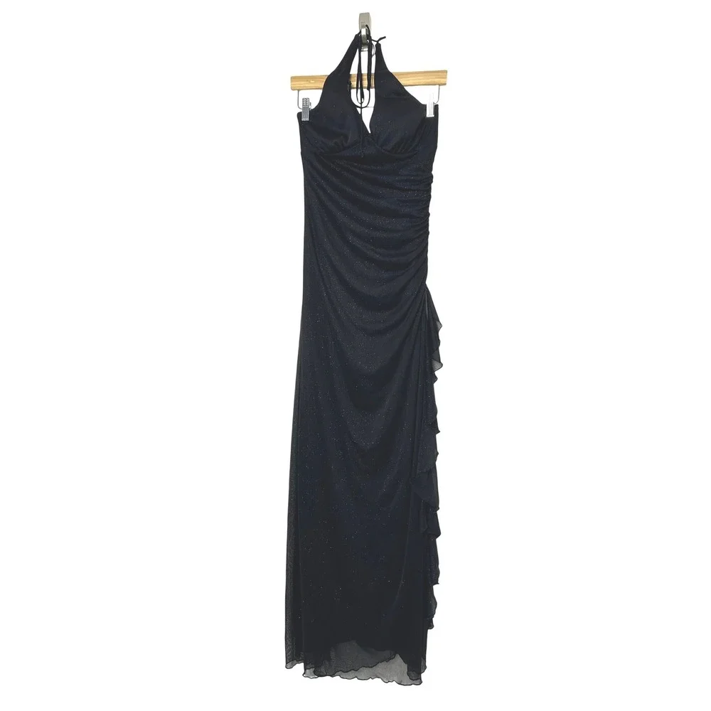 Y2k City Triangles Prom Dress‎ Gown L Black Glitter Ruched Halter Whimsigoth